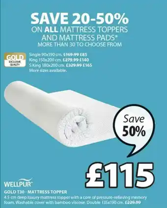 JYSK Wellpur Gold T30 - Mattress Topper Save 50% offer