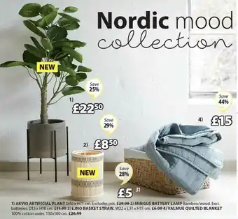 JYSK Arvid Artificial Plant, Mingus Battery Lamp, Ejino Basket Straw, Valmue Quilted Blanket offer