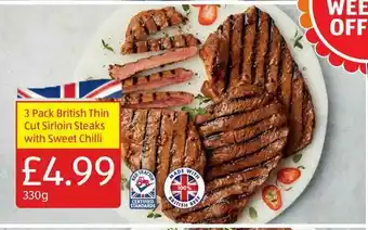 Aldi 3 Pack British Thin Cut Sirloin Steaks With Sweet Chilli offer