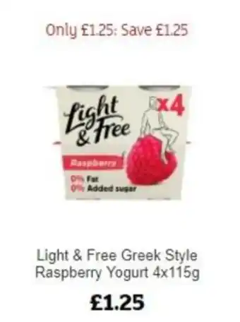 Sainsbury's Light & Free Greek Style Raspberry Yogurt 4 x 115g offer