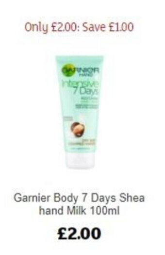 Sainsbury's Garnier Body 7 Days Shea Hand MIlk 100ml offer