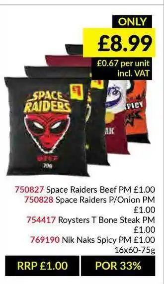 Musgrave MarketPlace Space Raiders, Roysters T Bone Steak, Nik Naks Spicy offer