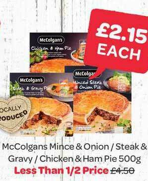 Spar Mccolgans Mince & Onion -steak & Gravy-chicken & Ham Pie offer
