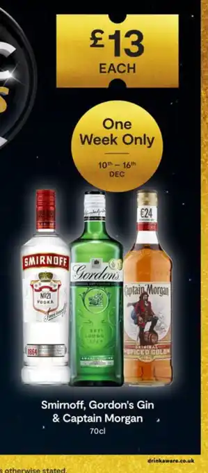 SuperValu Smirnoff, Gordon's Gin & Captain Morgan 70cl offer