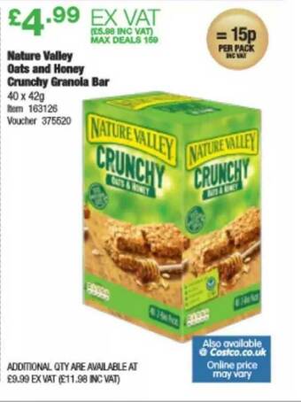 Costco Nature Valley Oats And Honey Crunchy Granola Bar offer