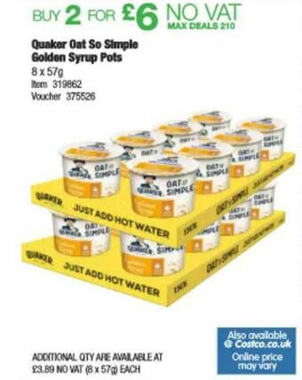 Costco Quaker Oat So Simple Golden Syrup Pots offer