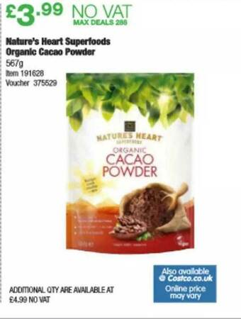 Costco Nature's Heart Superfoods Organic Cacao Powder offer