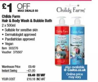 Costco Childs Farm Hair & Body Wash & Bubble Bath offer