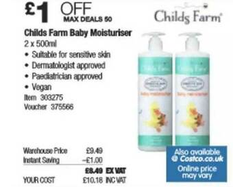 Costco Childs Farm Baby Moisturiser offer