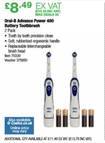 Costco Oral-B Advance Power 400 Battery Toothbrush offer