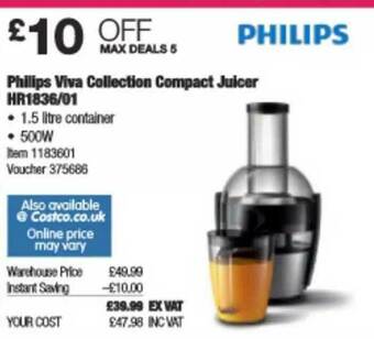 Costco Philips Viva Collection Compact Juicer HR1836-01 offer
