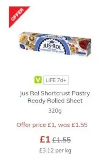 Morrisons Jus Rol Shortcrust Pastry Ready Rolled Sheet 320g offer