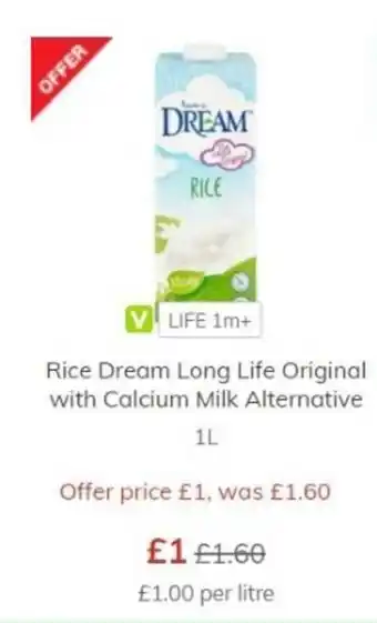 Morrisons Rice Dream Long Life Original with Calcium Milk Alternative 1l offer