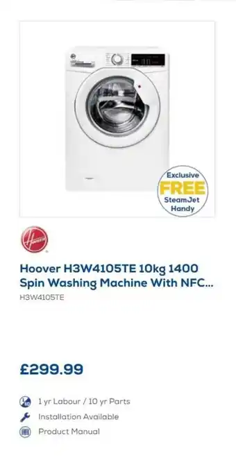 Euronics Hoover H3W4105TE 10kg 1400 Spin Washing Machine offer