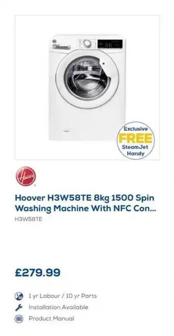 Euronics hoover h3W58TE 8kg 1500 Spin Washing Machine with NFC offer