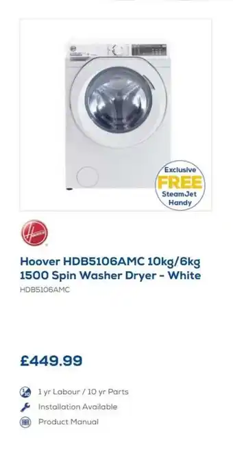 Euronics Hoover HDB5106AMC 10kg/6kg 1500 Spin Washer Dryer - White offer