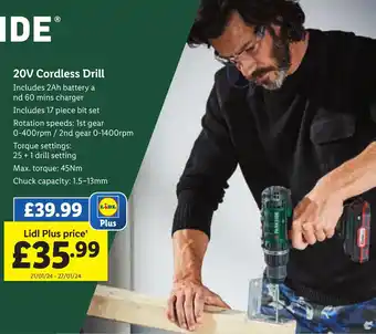 Lidl PARKSIDEⓇ 20V Cordless Drill offer
