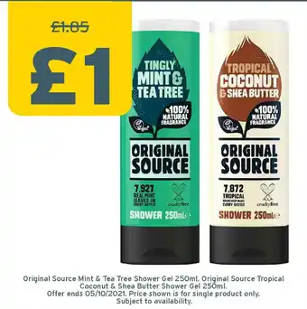 One Stop Orinigla Source Mint & Tea Tree Shower Gel Original Source Tropical Coconut & Shea Butter Shower Gel offer
