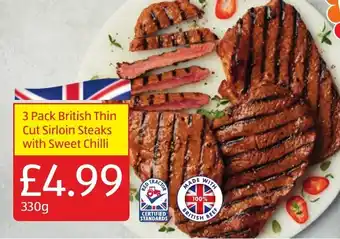 Aldi 3 Pack British Thin Cut Sirloin Steaks with Sweet Chili 330g offer