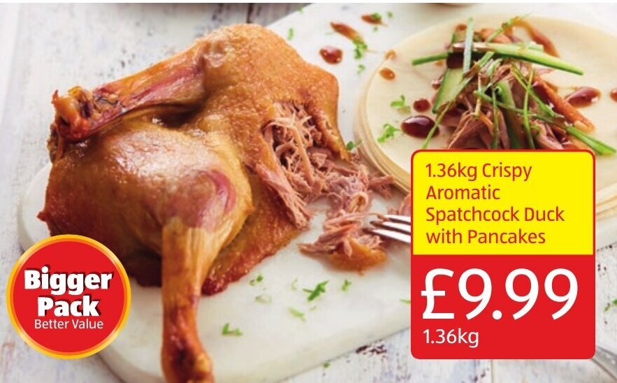 Crispy Aromatic Spatchcock Duck with Pancakes 1.36kg offer at Aldi