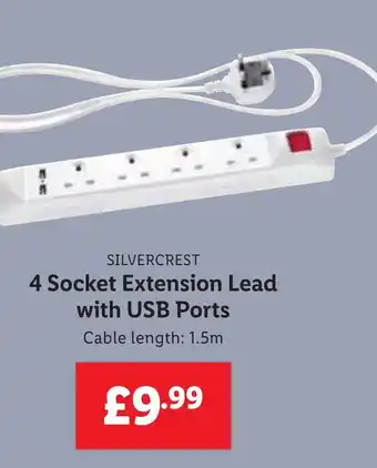 Lidl SILVERCREST 4 Socket Extension Lead with USB Ports offer