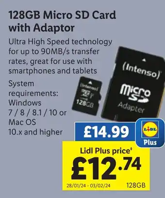 Lidl 128GB Micro SD Card with Adaptor offer