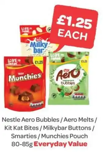 Spar Nestle Aero Bubbles / Aero Melts / Kit Kat Bites/Milkybar Buttons/ Smarties/Munchies Pouch 80-85g offer