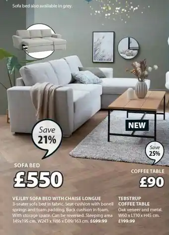 JYSK Vejlby Sofa Bed With Chaise Longue, Tebstrup Coffee Table offer