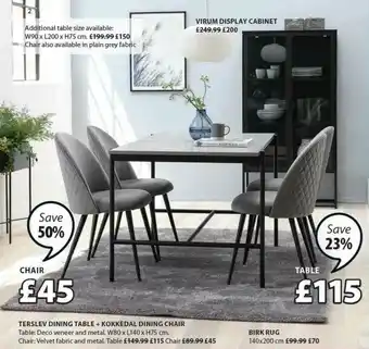 JYSK Terslev Dining Table + Kokkedal Dining Chair, Birk Rug, Virum Display Cabinet offer