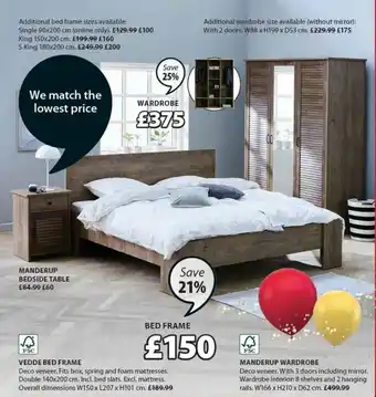 JYSK Manderup Bedside Table, Vedde Bed Frame, Bed Frame, Manderup Wardrobe offer