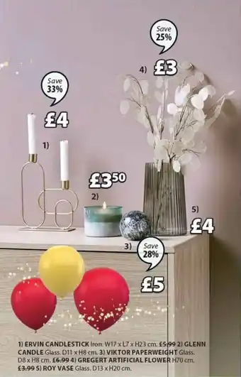 JYSK Ervin Candlestick, Glenn Candle, Viktor Paperweight, Gregert Artificial Flower, Roy Vase offer