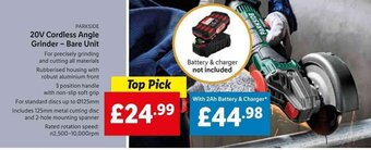 Lidl 20V Cordless Angle Grinder - Bare Unit offer
