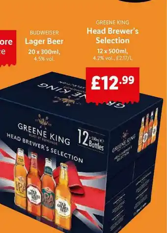 Lidl Budweiser Lager Beer 20 X 300ml Or Greene King Head Brewer's Selection 12 X 500ml offer