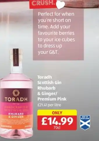Aldi Toradh Scottish Gin Rhubarb & Ginger/ Premium Pink offer