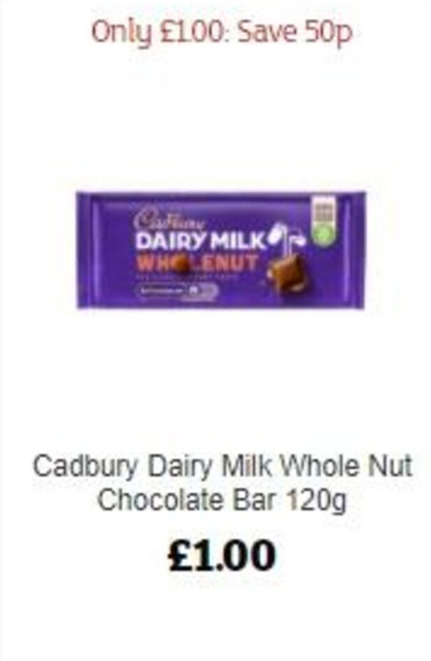 Cadbury Dairy Milk Whole Nut Chocolate Bar 120g offer at Sainsbury's