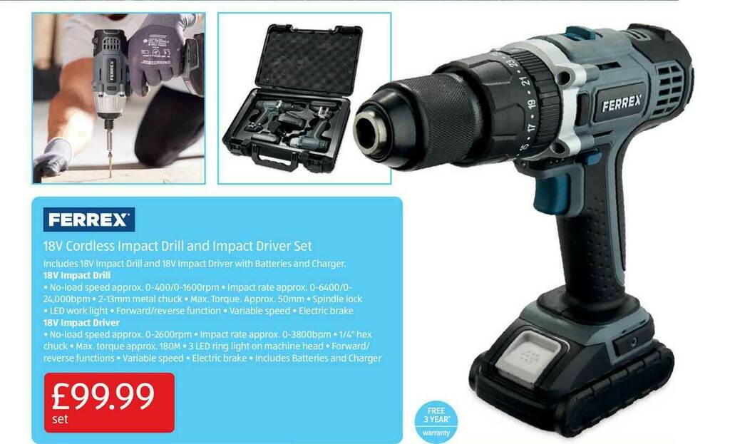 Ferrex 18V Cordless Impact Drilll And Impact Driver Set offer at Aldi