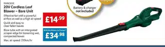 Lidl Parkside 20v Cordless Leaf Blower - Bare Unit offer