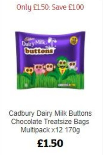 Sainsbury's Cadbury Dairy Milk Buttons Chocolate Treatsize Bags Multipack x12 170g offer