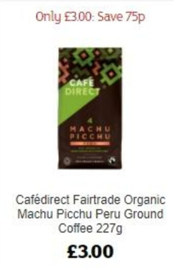 Sainsbury's Cafedirect Fairtrade Organic Machu Picchu peru ground Coffee 227g offer