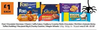 SuperValu Foxs' Chocolate Viennese - Classic - Jaffa Cakes - Cadbury Crunchy Melts Chocoalte - McVitie's Hobnob Sticky Toffee Pidding - offer