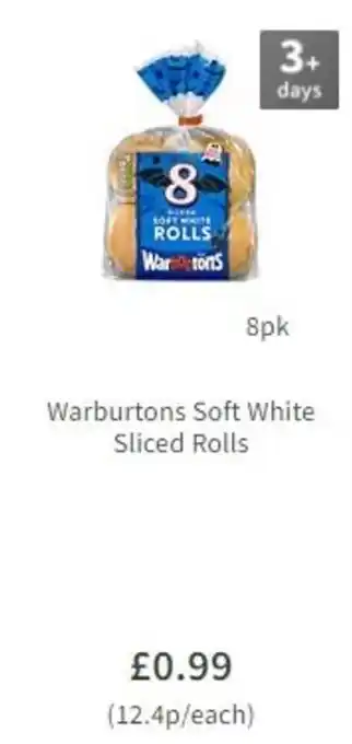 Asda Warburtons Soft White Sliced Rolls 8pk offer