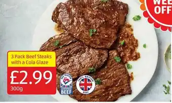 Aldi 3 Pack Beef Steaks With A Cola Glaze offer