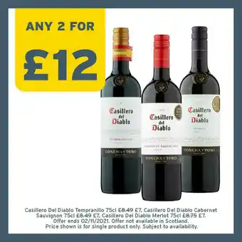 One Stop Casillero Del Diablo Tempranillo 75cl, Casillero Del Diablo Cabernet Sauvignon 75cl, Casilleroo Del Diablo Merlot 75cl offer