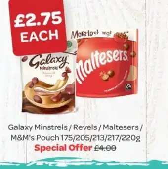 Spar Galaxy Minstrels/Revels/Maltesers/ M&M's Pouch 175/205/213/217/220g offer