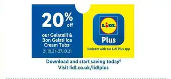 Lidl 20% Off Our Gelatelli & Bon Gelati Ice Cream Tubs offer