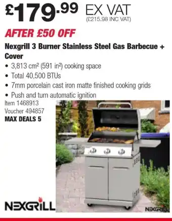 Costco Nexgrill 3 Burner Stainless Steel Gas Barbecue + Cover offer