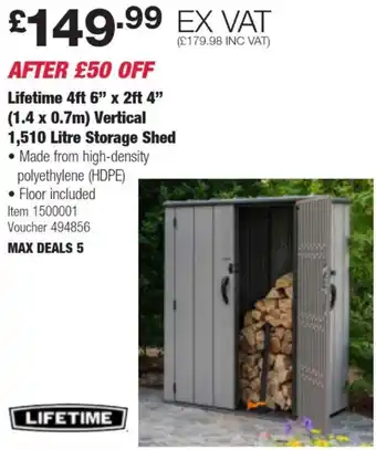 Costco Lifetime 4ft 6" x 2ft 4" (1.4 x 0.7m) Vertical 1,510 Litre Storage Shed offer