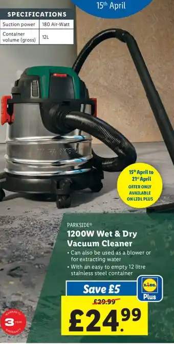 Lidl PARKSIDE® 1200W Wet & Dry Vacuum Cleaner offer