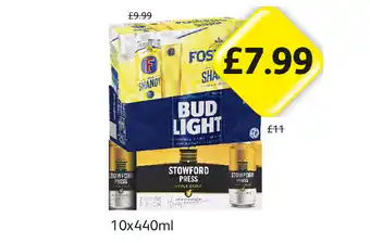 Londis View Fosters Shandy, Bud Light, Stowford Press offer