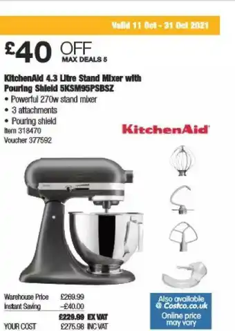 Costco Kitchenaid 4.3 Litre Stand Mixer With Pouring Shfeld 5ksm95psbsz offer